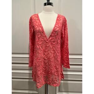 Serene Beach Pool Coverup V-neck Coral Pink Floral Mesh pullover Large A749